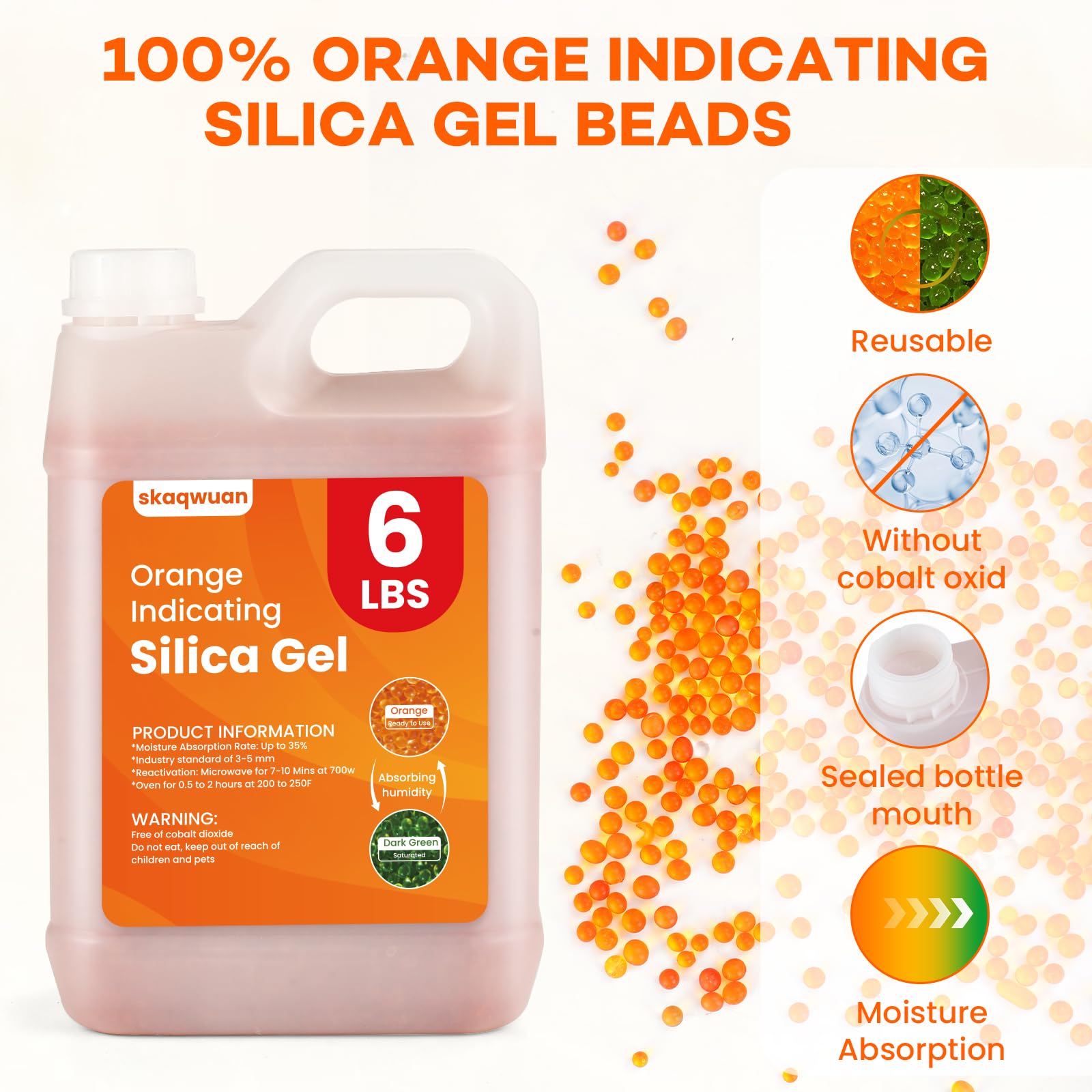 Skaqwuan orange-indicating beads show color change to green signaling saturation.