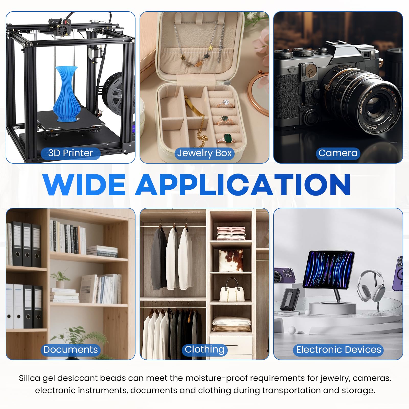 Skaqwuan desiccant protects 3D printer filament, electronics, cameras, and jewelry.