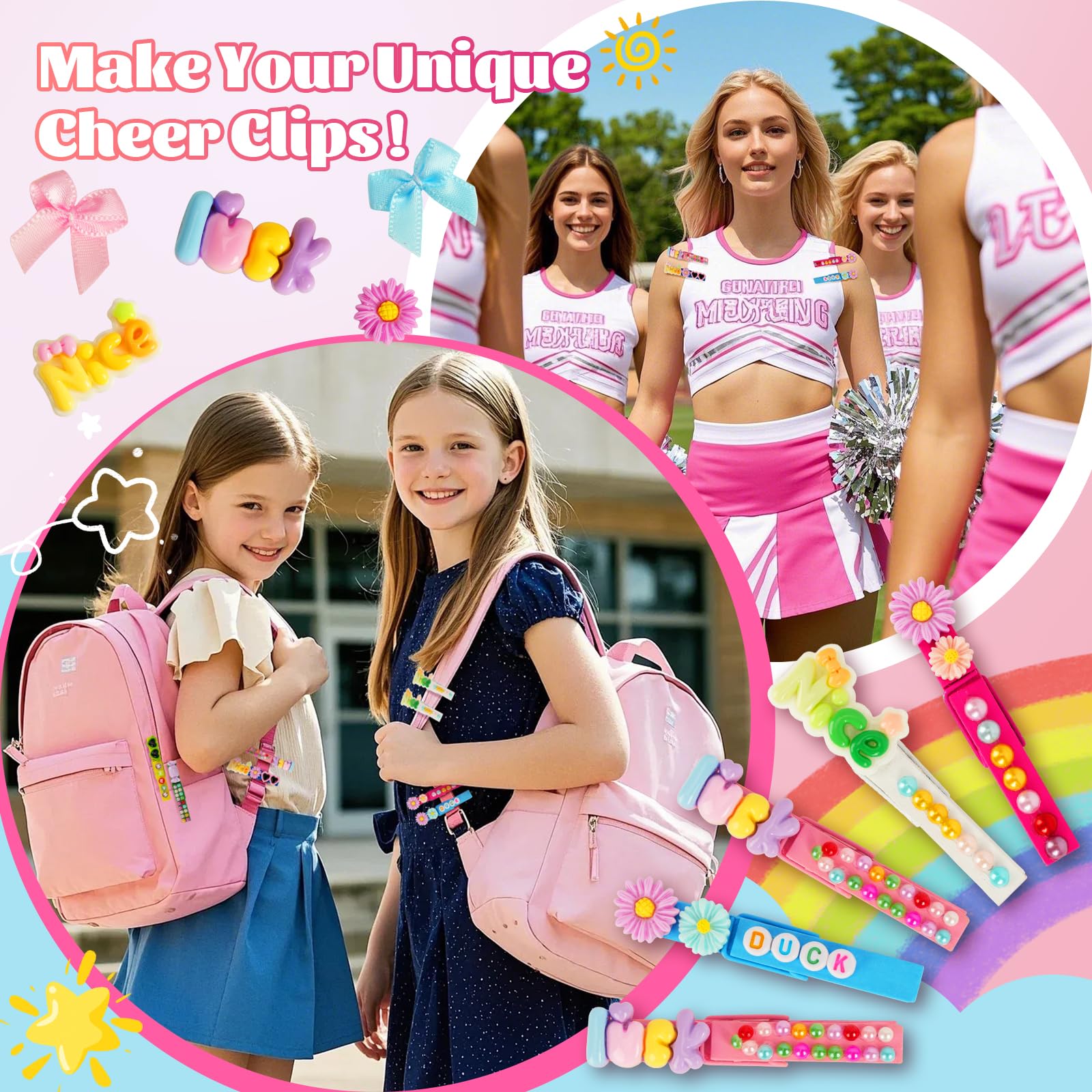 Skdtazrz daisies and charms brighten backpacks and pins.