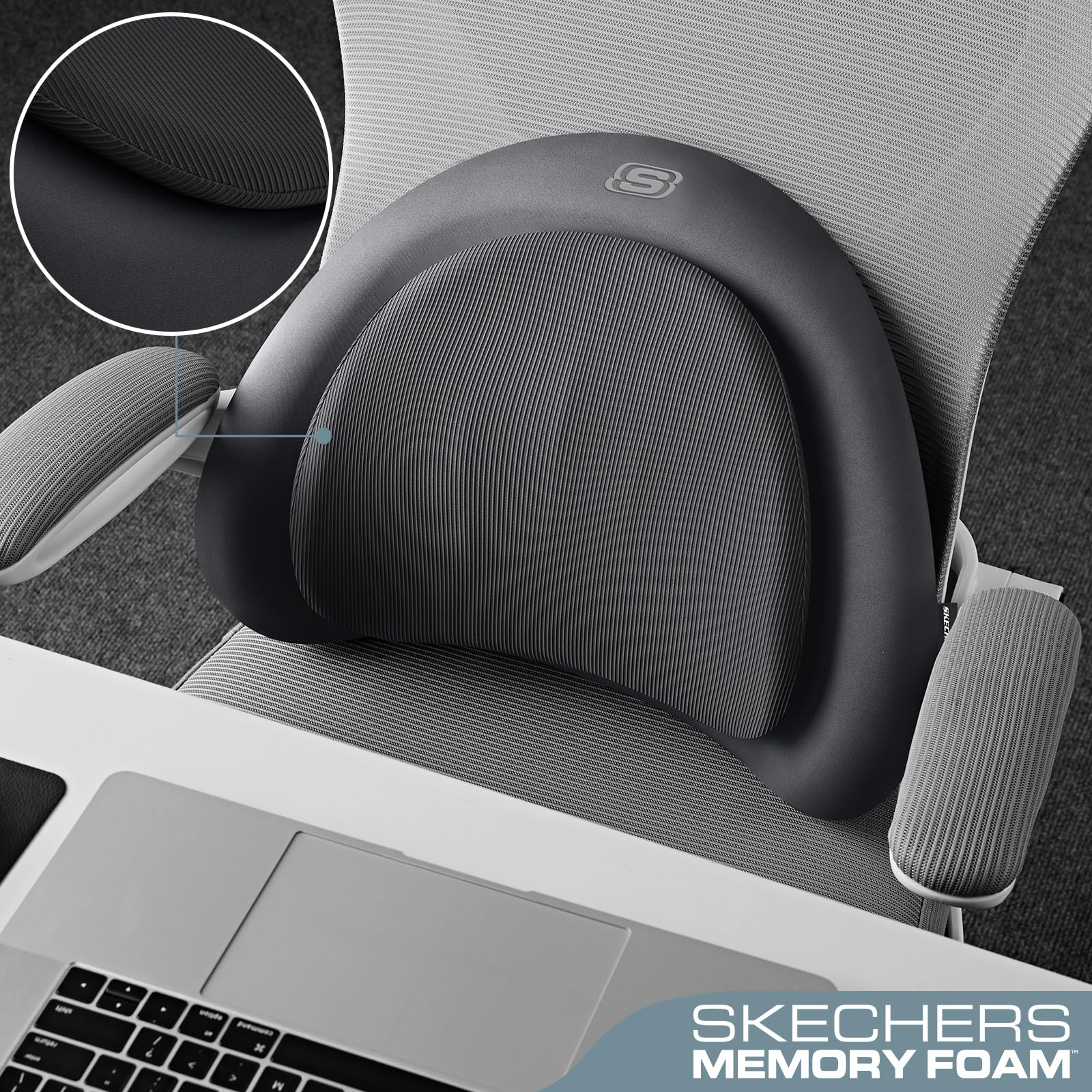 Skechers lumbar pillow on office chair demonstrating ergonomic comfort