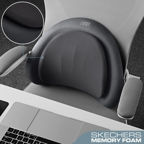 Skechers lumbar pillow on office chair demonstrating ergonomic comfort
