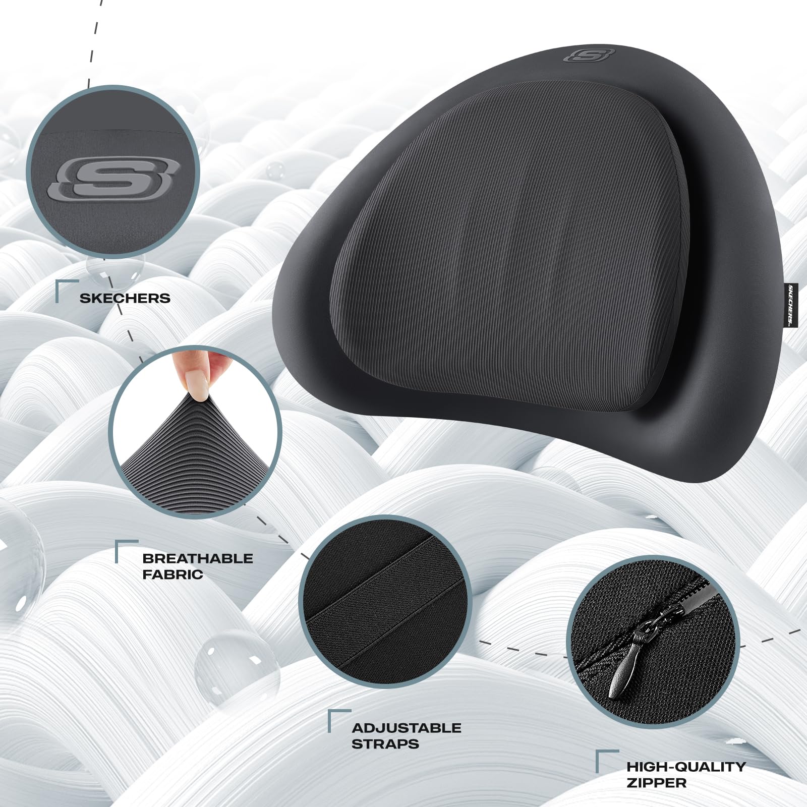 Skechers lumbar pillow memory foam strap close-up for universal fit