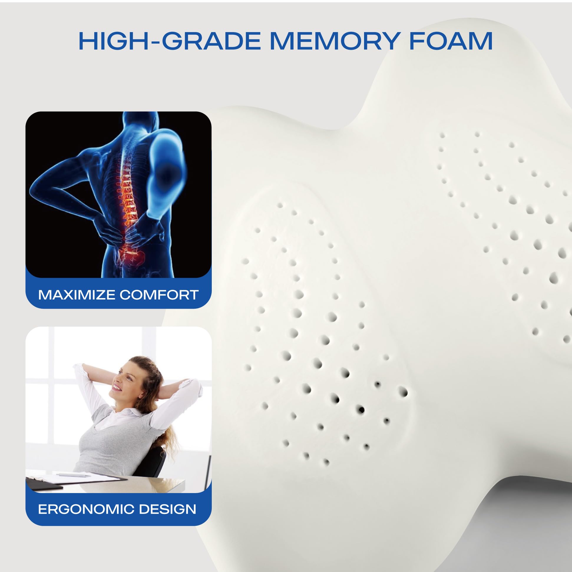 Skechers memory foam lumbar pillow showing back-strap for secure fit