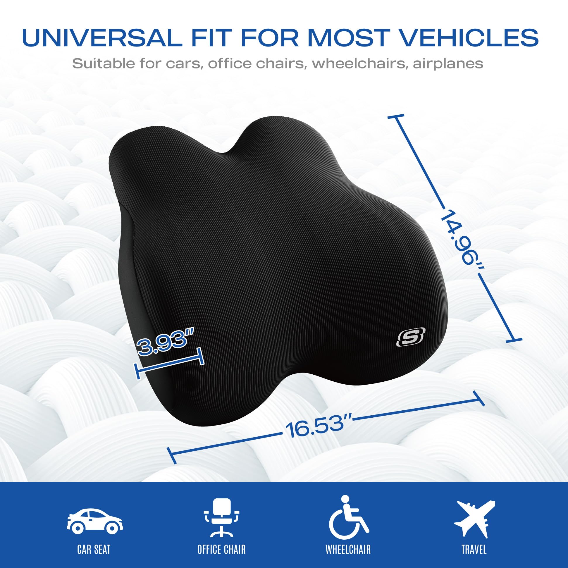 Skechers memory foam lumbar pillow in a car interior easing lower back strain