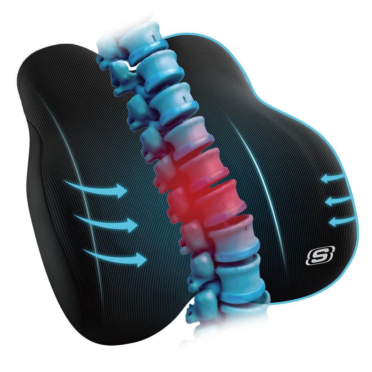 Skechers memory foam lumbar pillow on an office chair for ergonomic support