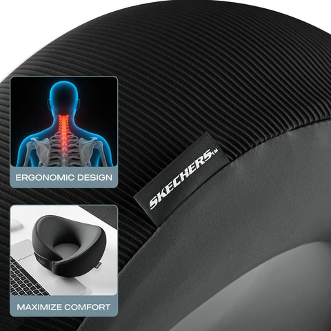 Skechers memory foam neck pillow maintains coolness with breathable design during rest.