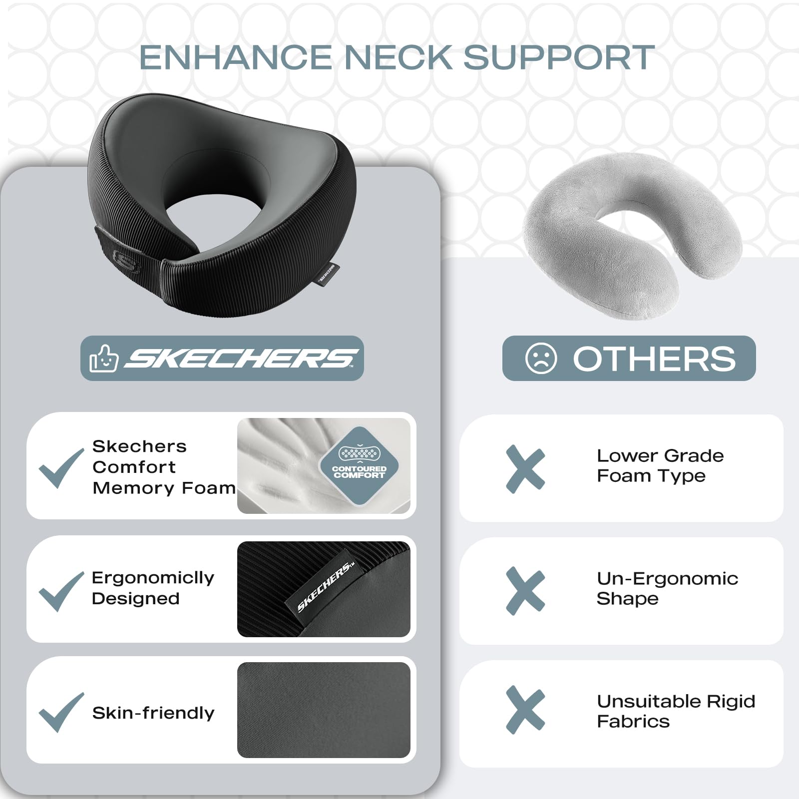 Skechers memory foam neck pillow improves neck comfort during long drives.
