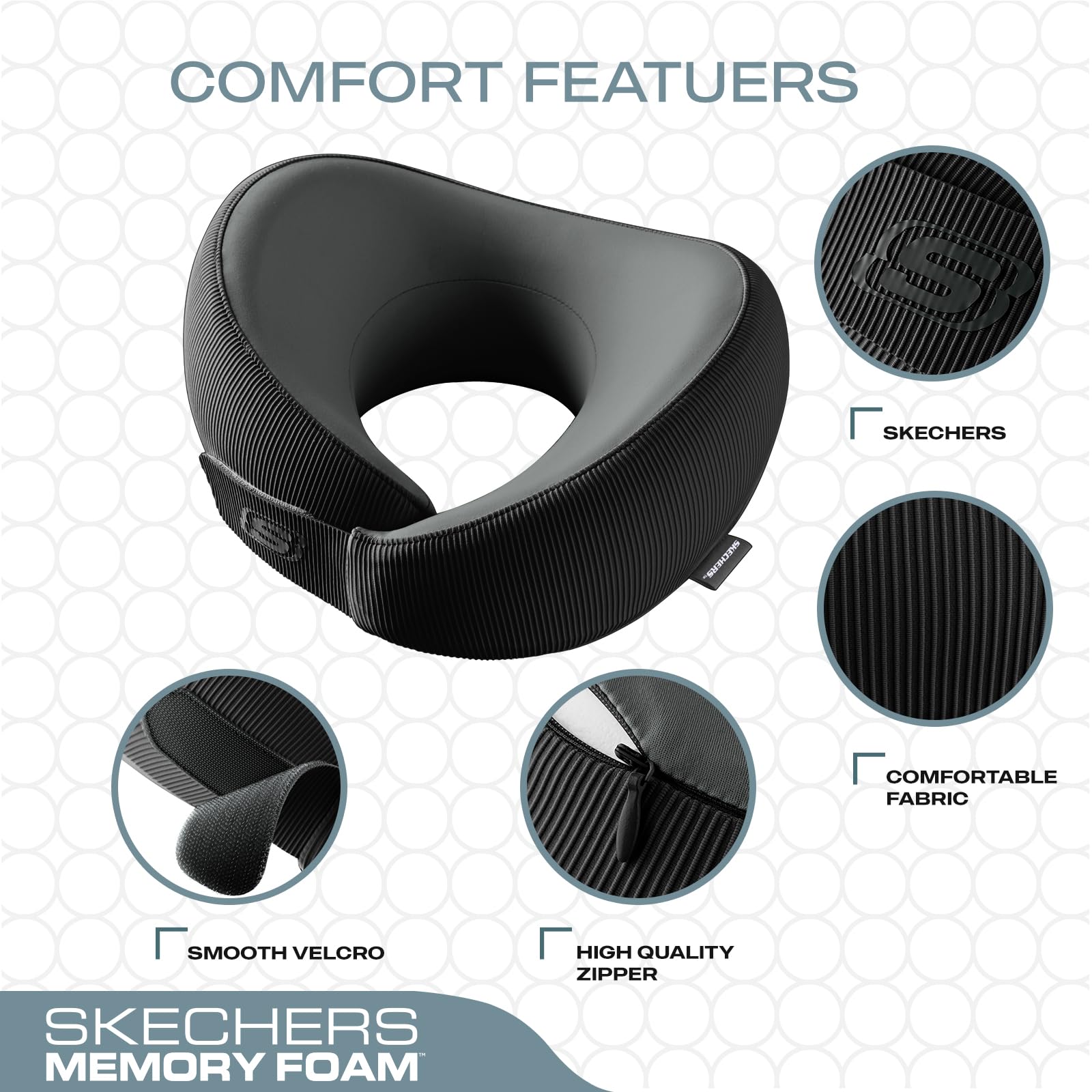 Skechers memory foam neck pillow portable lightweight for travel and commuting.