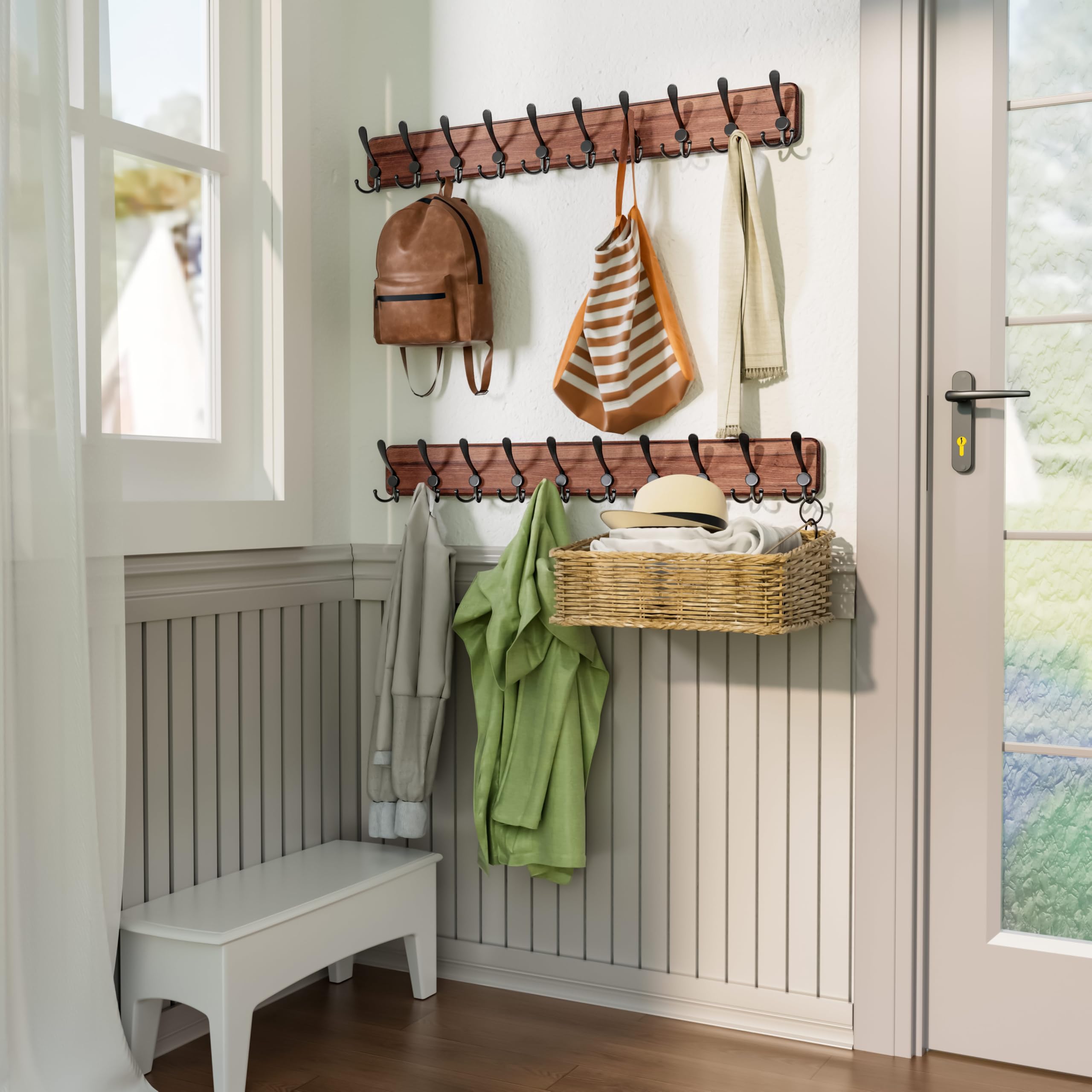 SKOLOO rustic brown coat rack wall mount for everyday jackets and hats.