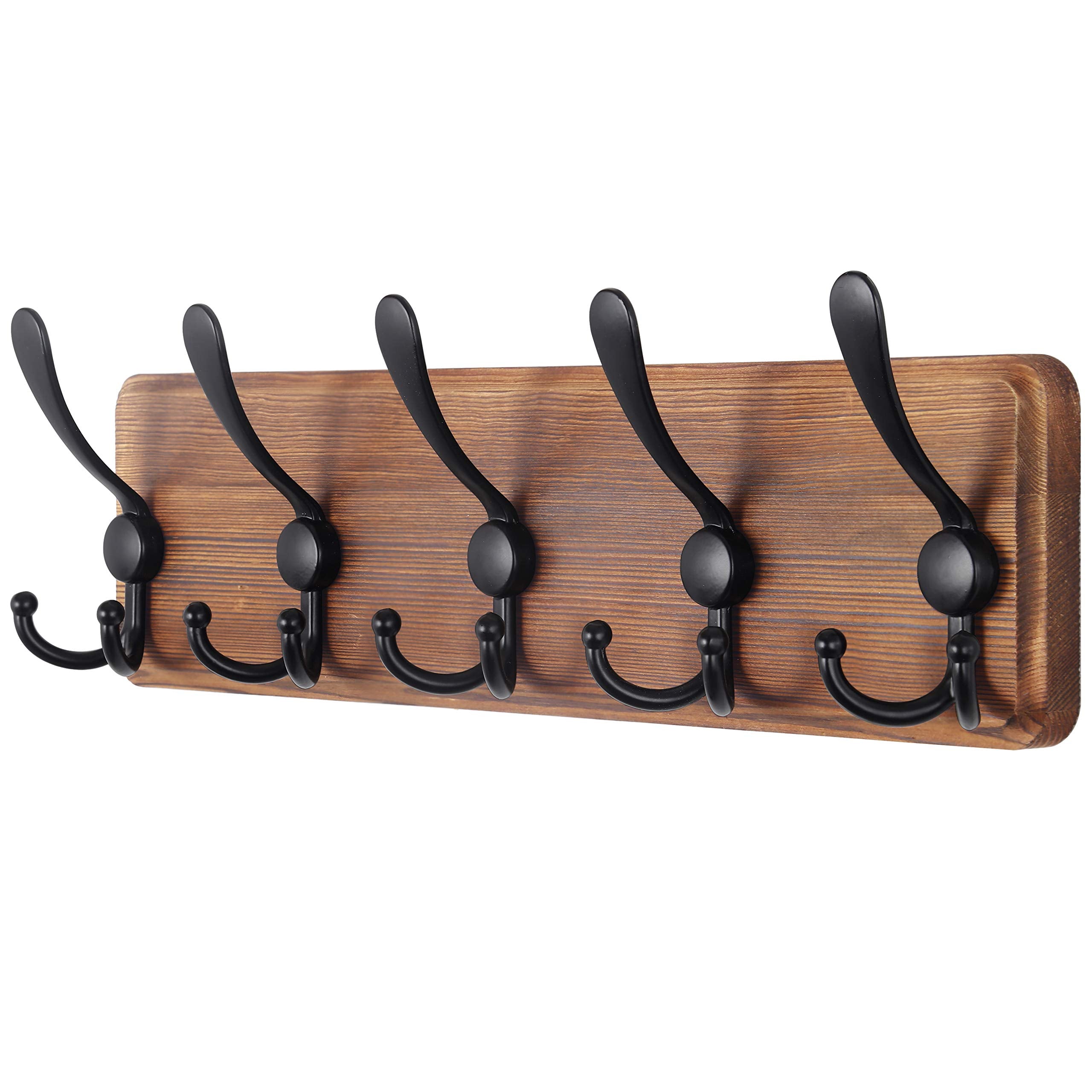 SKOLOO rustic wall coat rack with pine plank and five triple hooks for entryway organization.