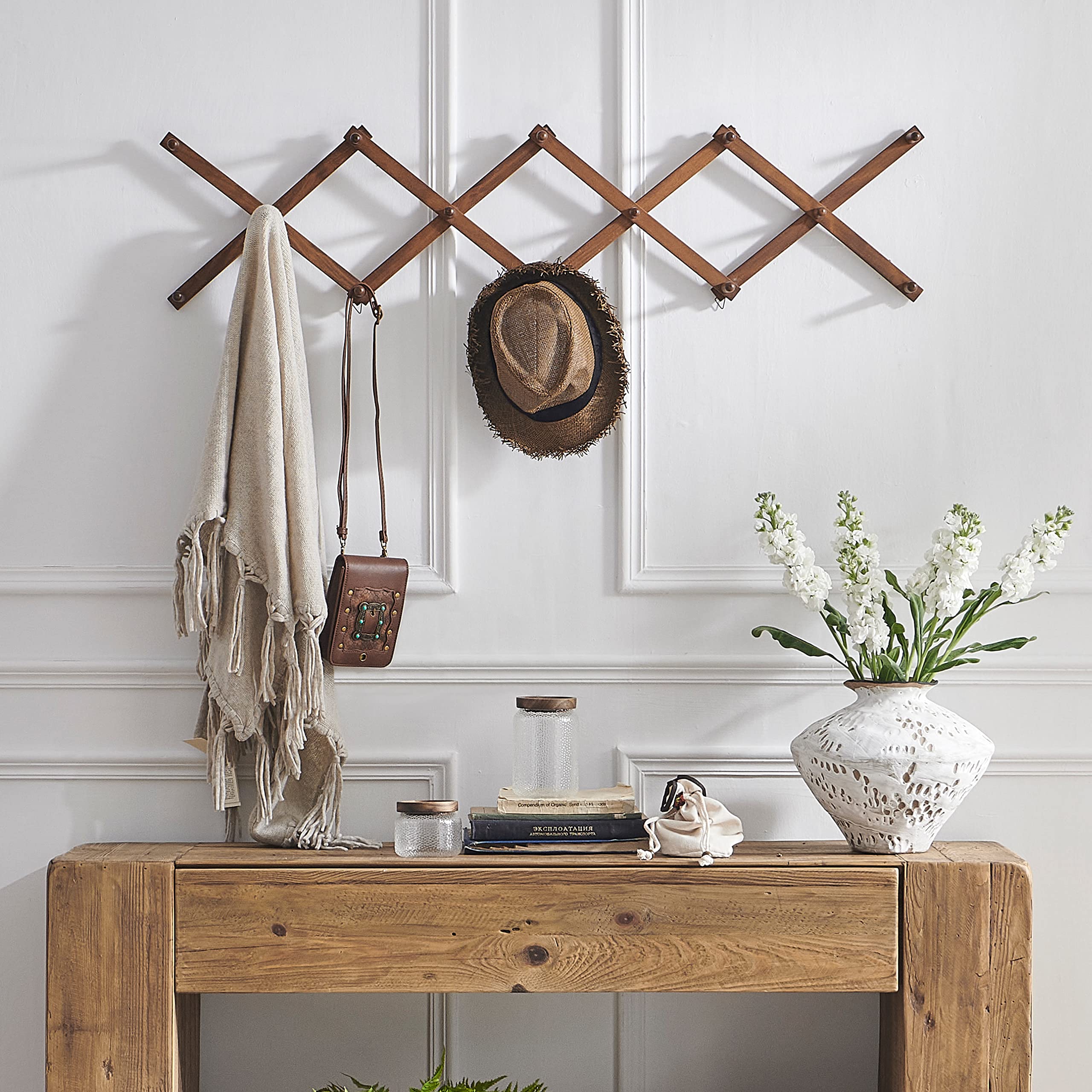 SKOLOO solid wood hat rack in walnut color adds warm, durable storage