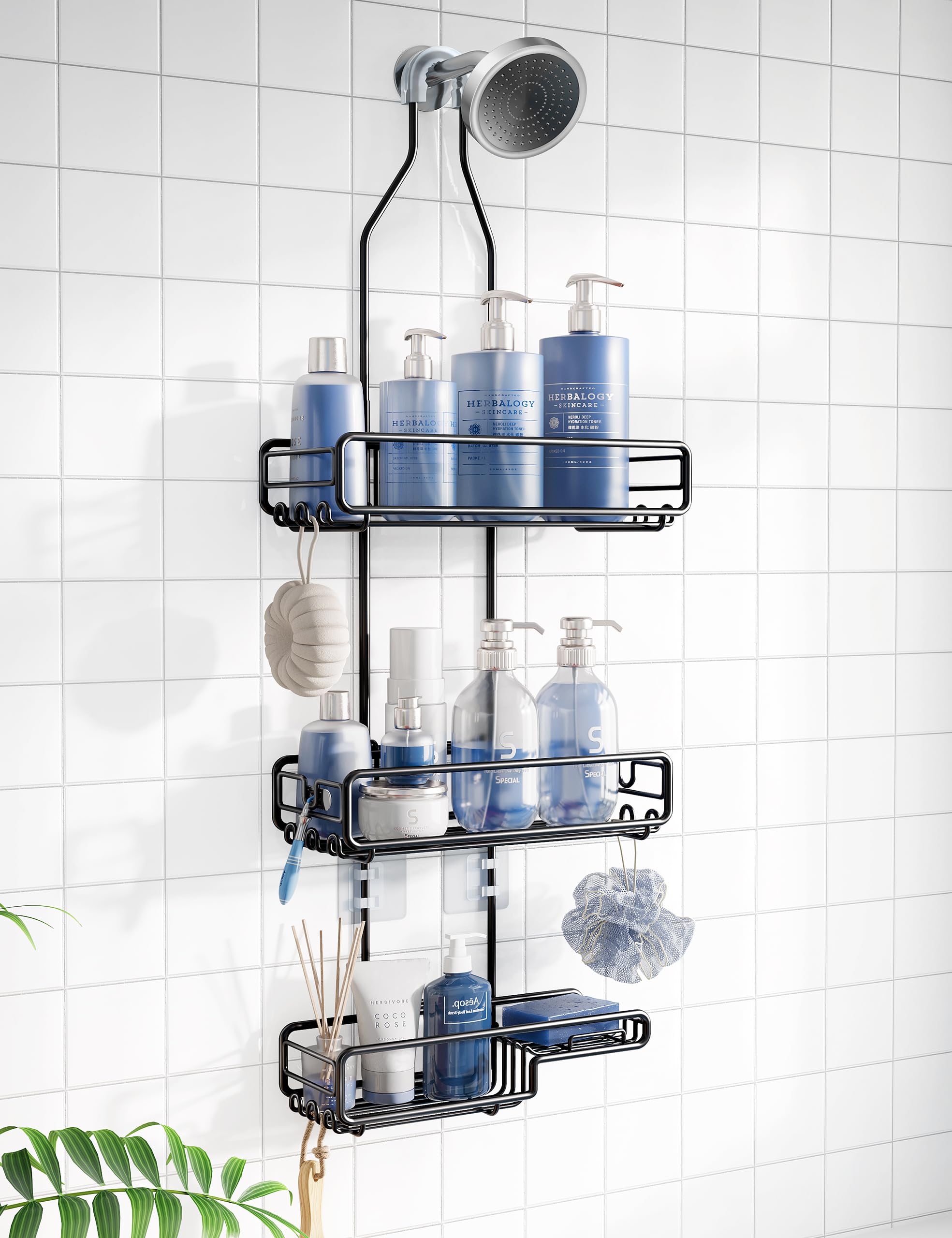Skyapex overhead nonslip hanging shower caddy secures bottles above the shower for easy access