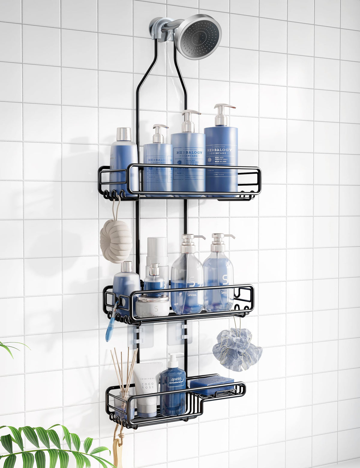Skyapex overhead nonslip hanging shower caddy secures bottles above the shower for easy access
