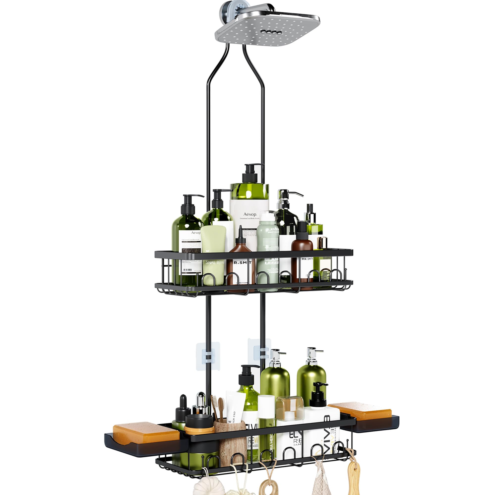 Skyapex shower caddy with adjustable height over showerhead for clutter-free storage.