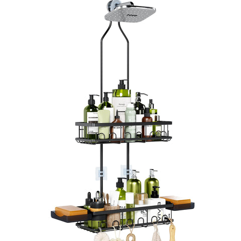 Skyapex shower caddy with adjustable height over showerhead for clutter-free storage.