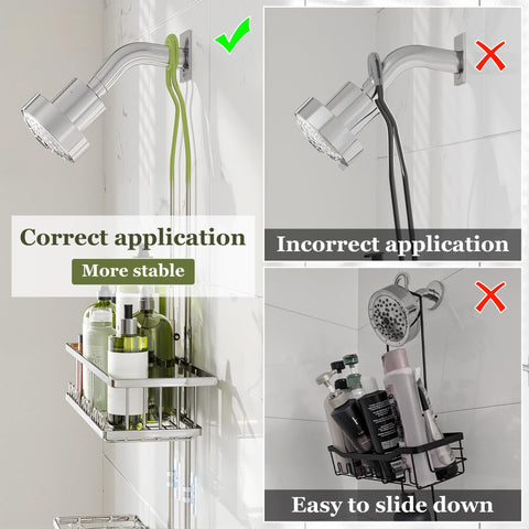 No-drill installation with anti-slip hooks fits many showers