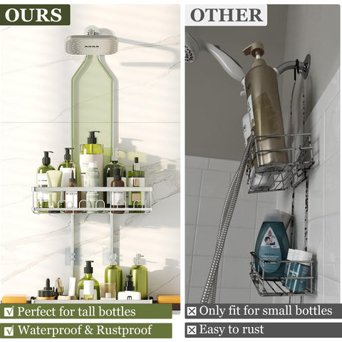 Multiple hooks hold towels and bath tools for quick drying