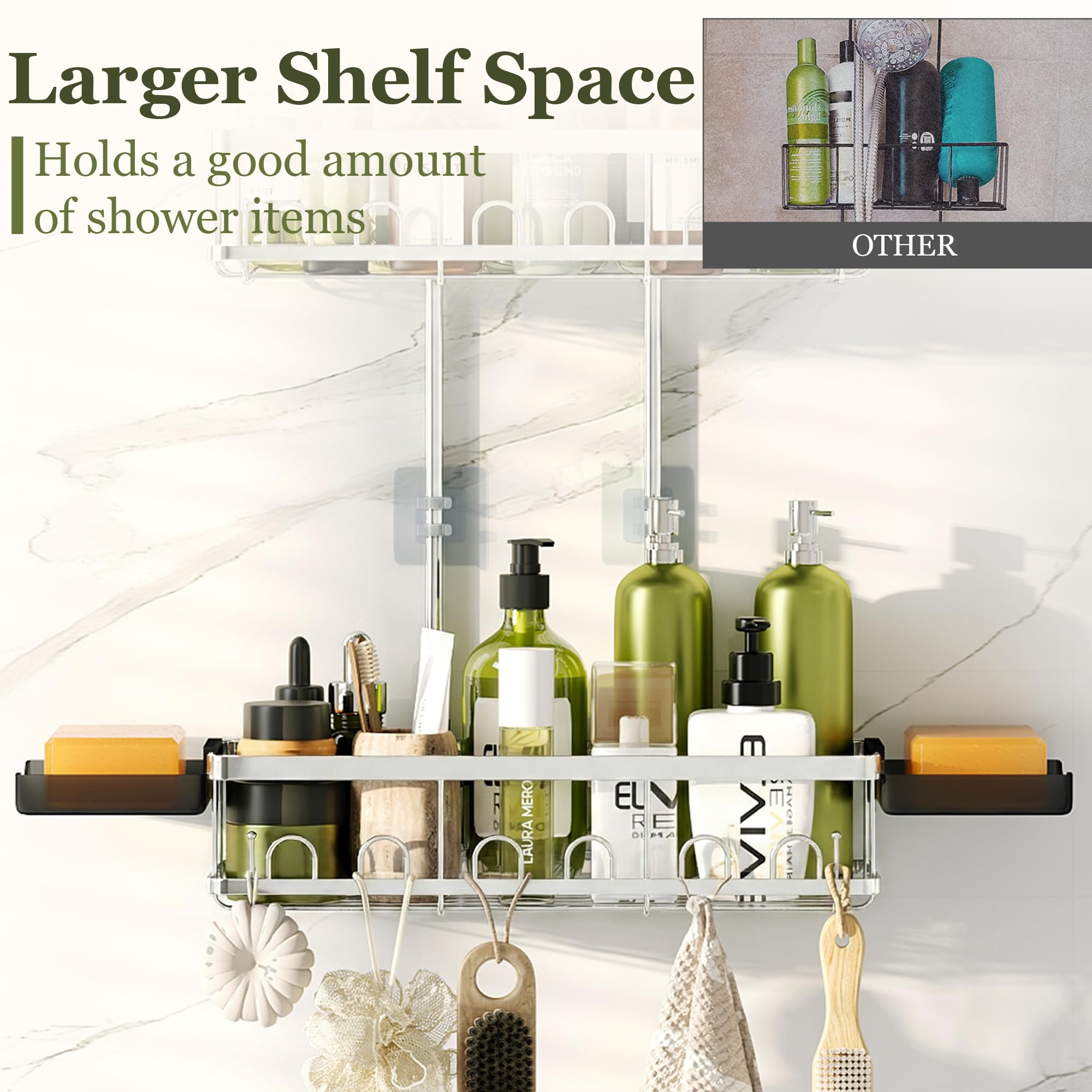 Two soap holders and razor organizer keep essentials within reach