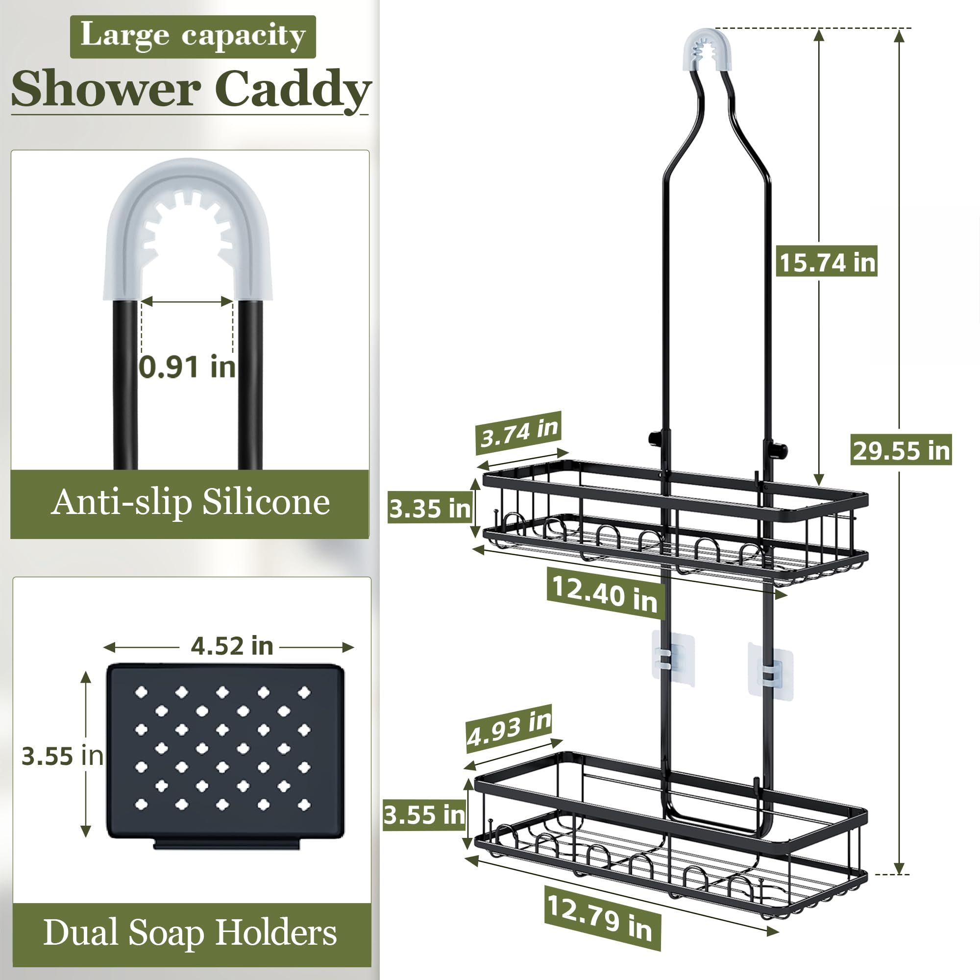 Skyapex shower caddy over showerhead fits standard heads, keeps bottles reachable.