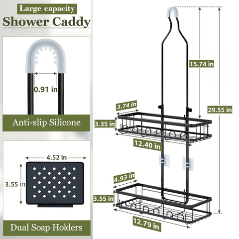 Skyapex shower caddy over showerhead fits standard heads, keeps bottles reachable.