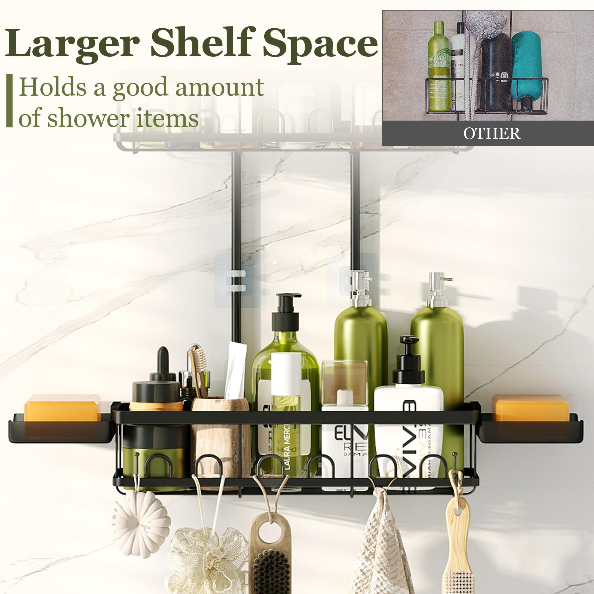 Skyapex two-basket design provides ample space for tall shampoo bottles.
