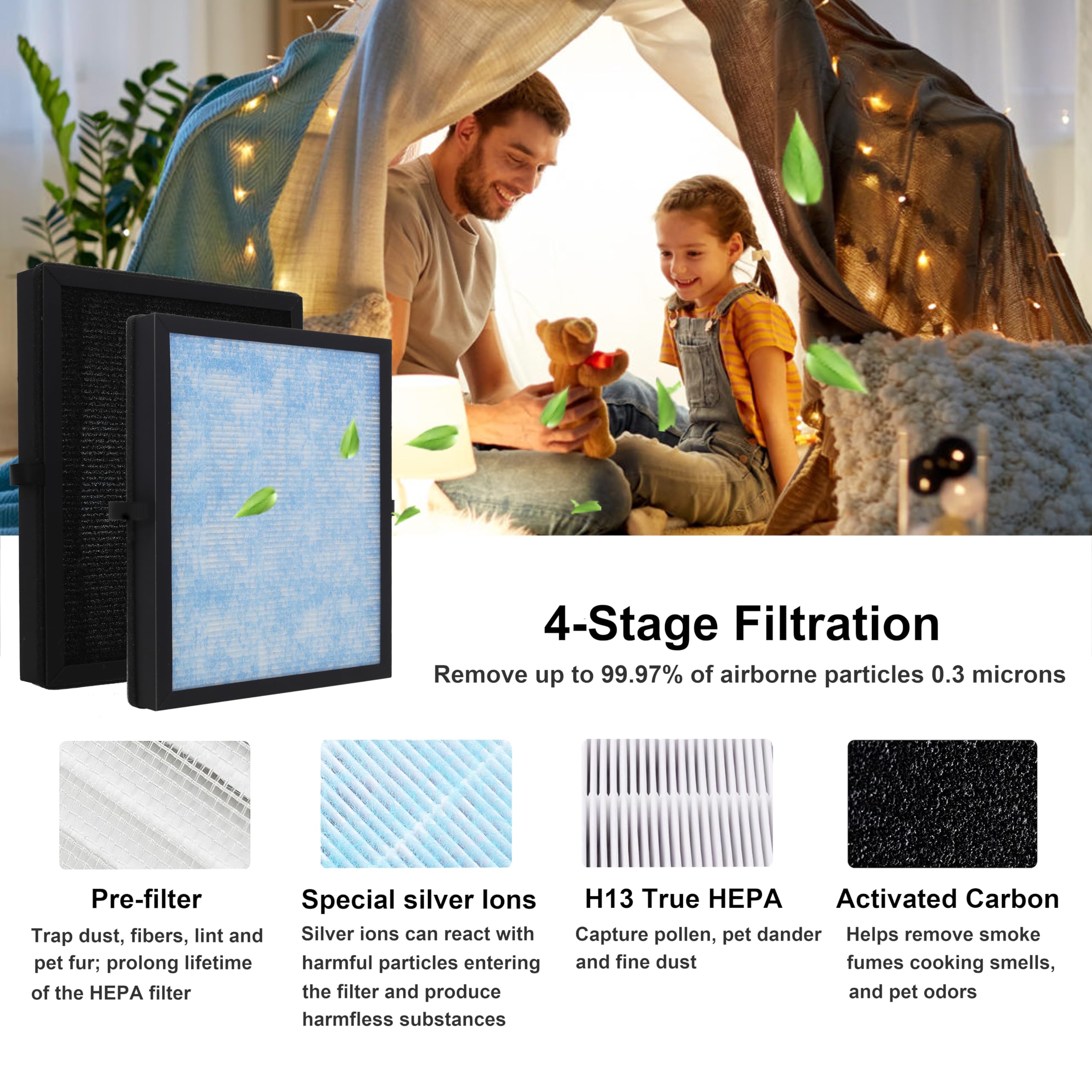 Skydiras HEPA H13 filter captures fine particles for cleaner indoor air.