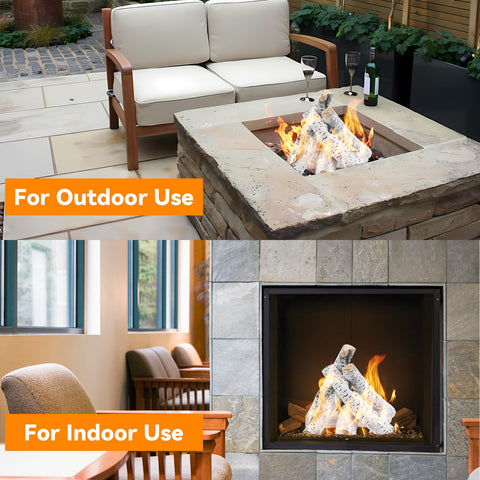 Skyflame fire pit with ceramic logs provides outdoor-friendly warmth.