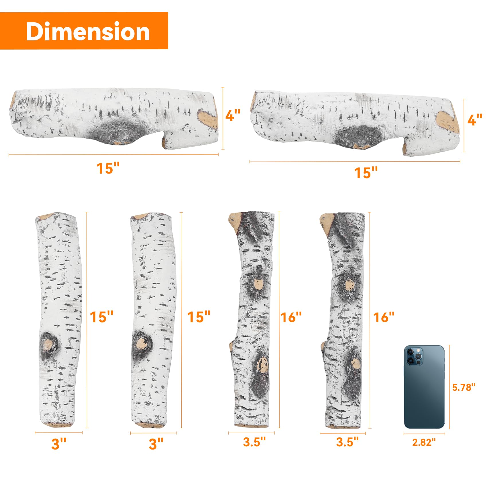 Skyflame white birch ceramic logs close-up show authentic appearance and heat retention.