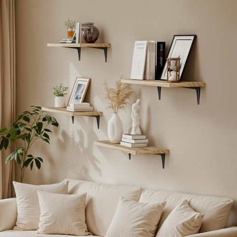 SKYSEN wood finish rustic shelves displaying decor and plants