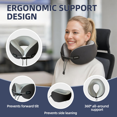 Adjustable buckle detail on Skytrax Comf pillow for a personalized fit.