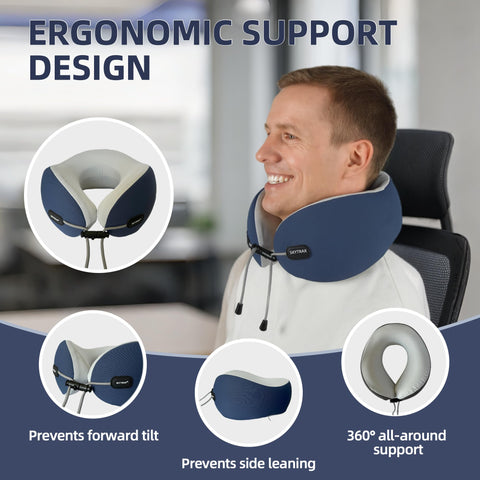 SKYTRAX COMF neck pillow with adjustable buckle for a secure, personalized fit