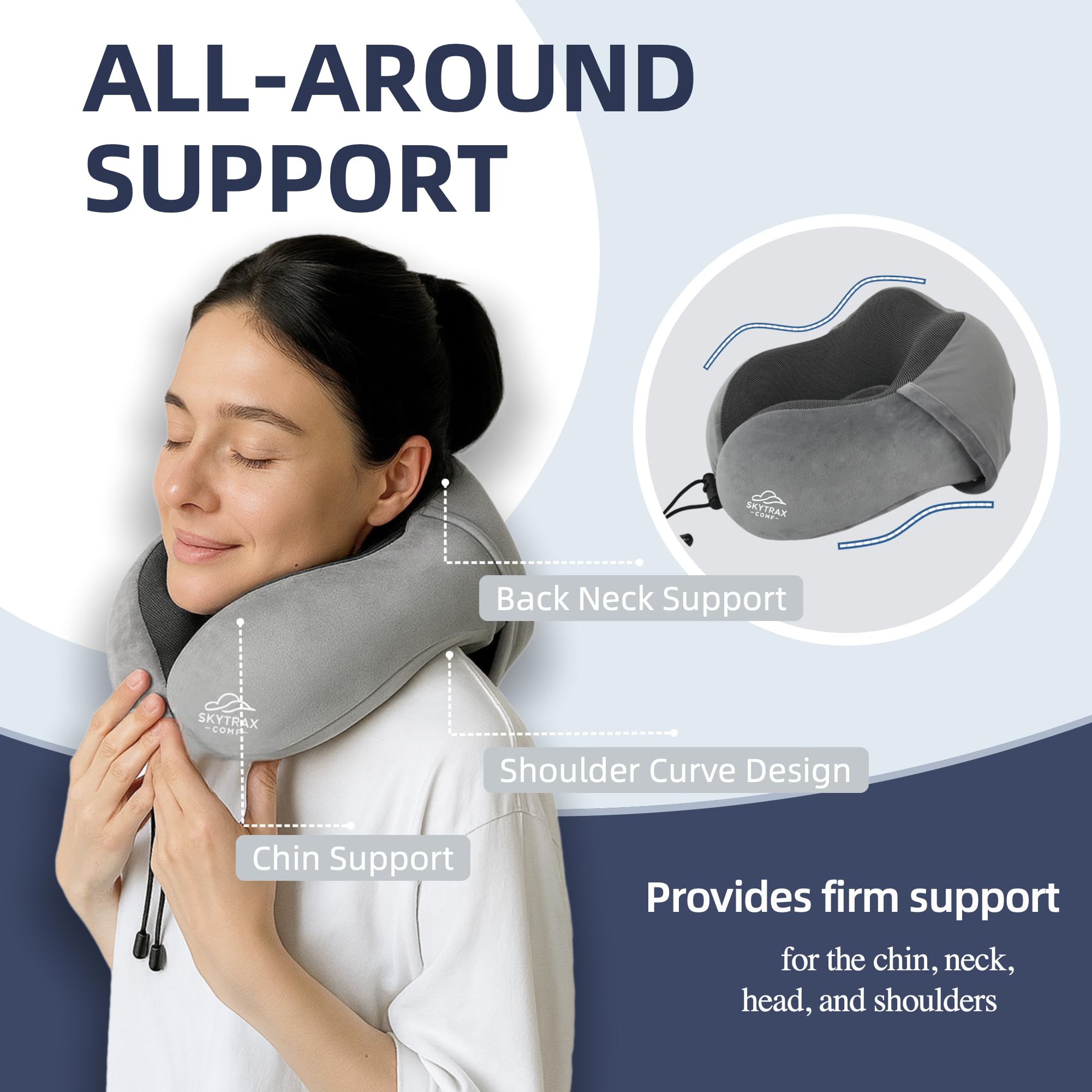 Skytrax Comf pillow adjustable drawstring and anti-slip zipper ensure secure fit.