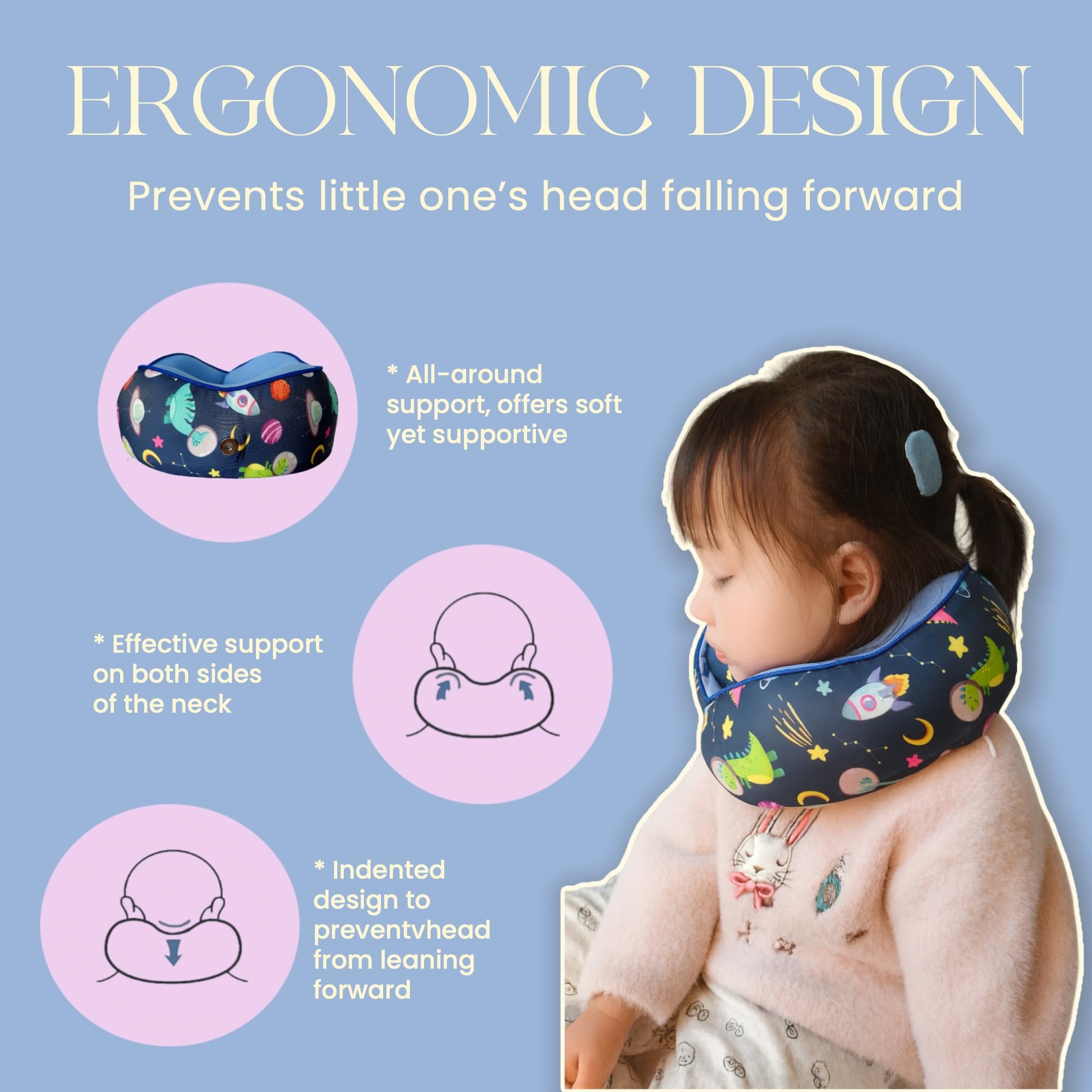 Skytrax Comf dinosaur neck pillow and matching storage bag.