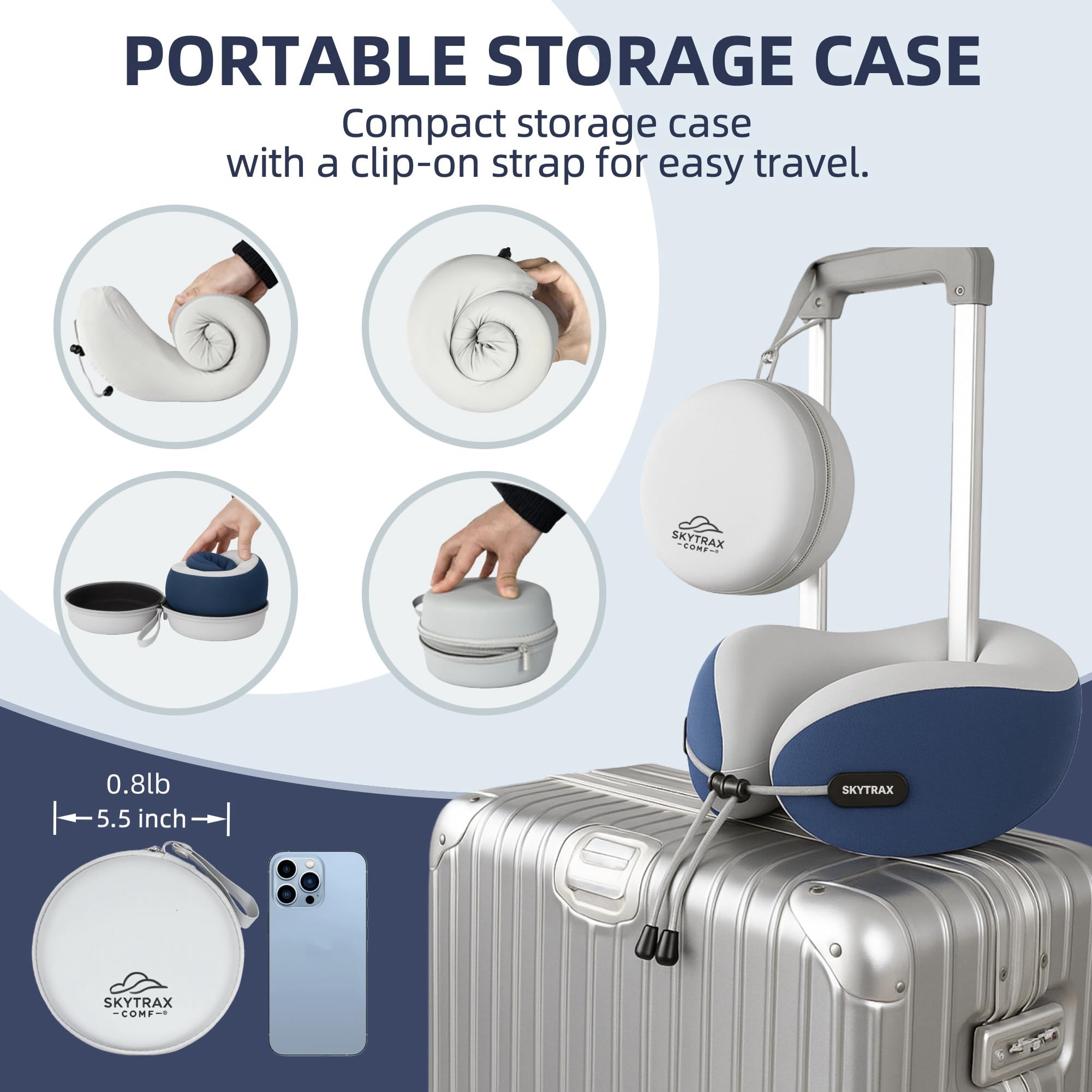 SKYTRAX COMF compact hard-shell carry case keeps the pillow protected and portable