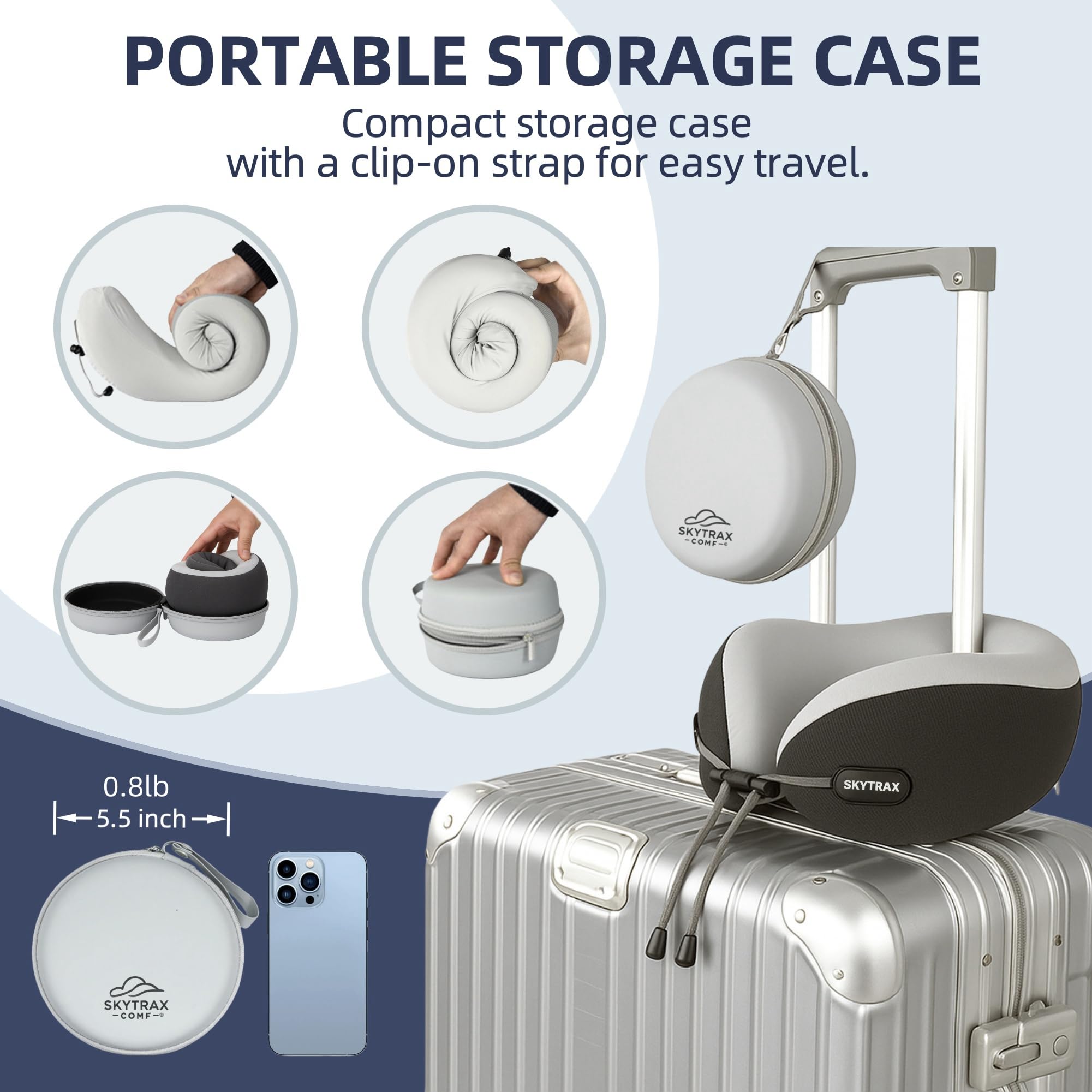 Compact hard-shell carry case keeps the pillow protected.