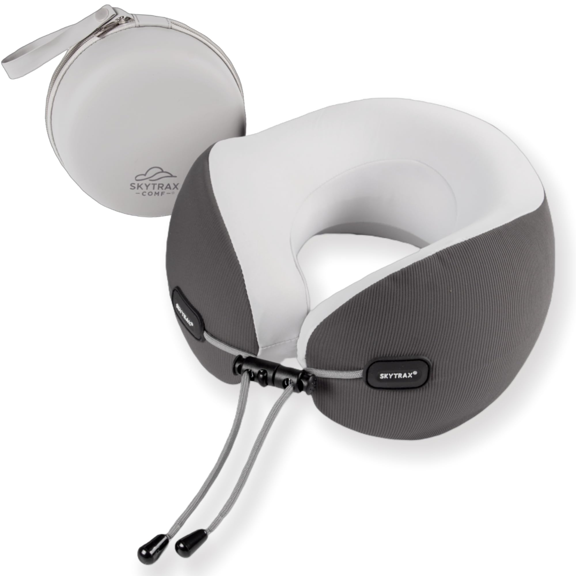 Skytrax Comf neck pillow with ice silk cover closeup for cooling comfort on flights.