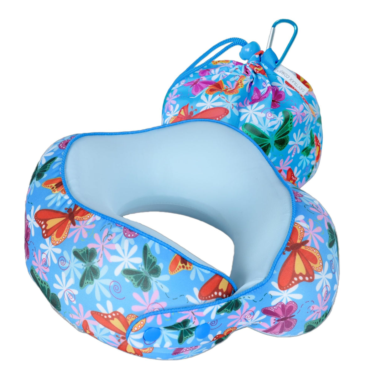 Skytrax Comf kids neck pillow with butterfly design provides cozy travel support for toddlers.