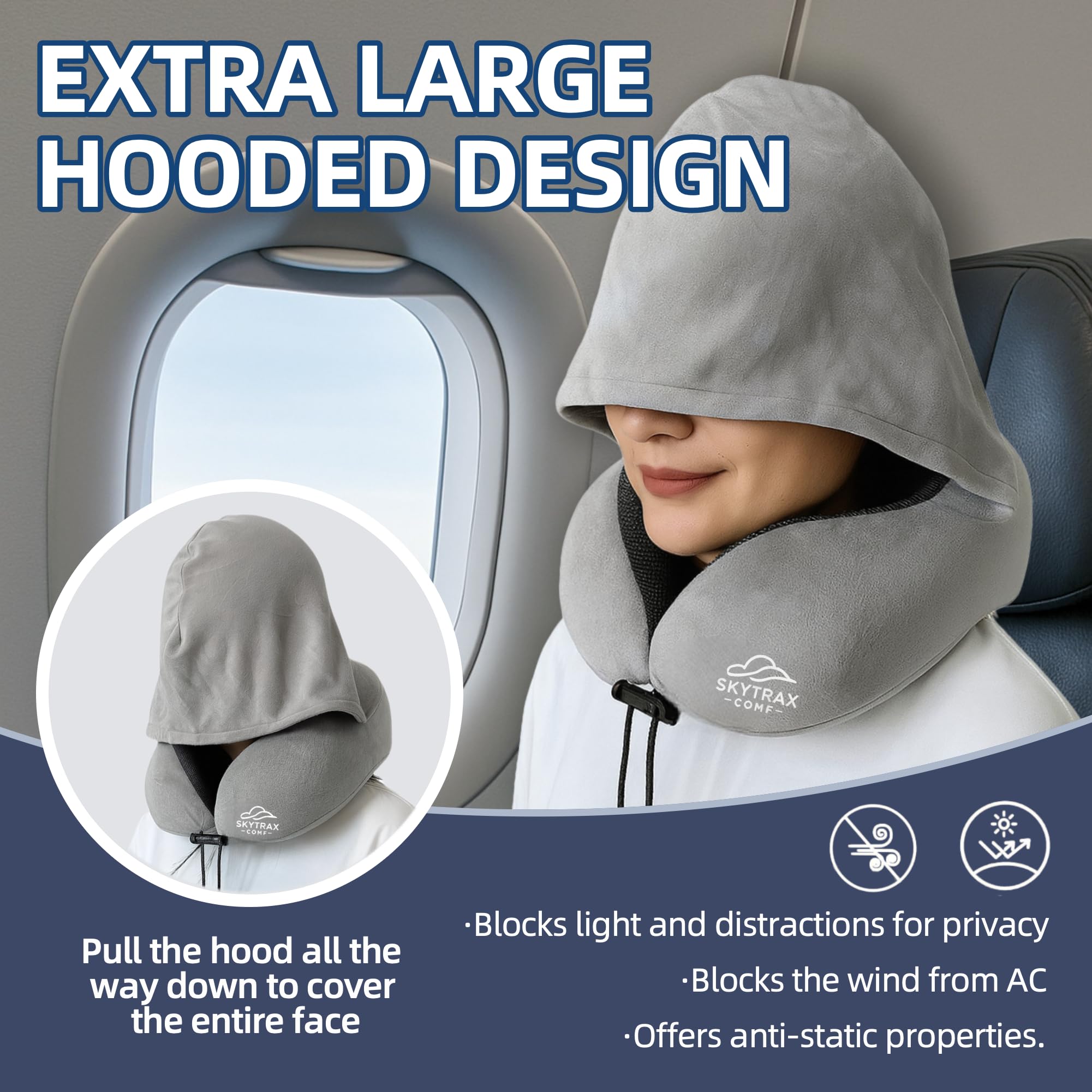 Skytrax Comf memory foam neck pillow contours to neck and shoulders.