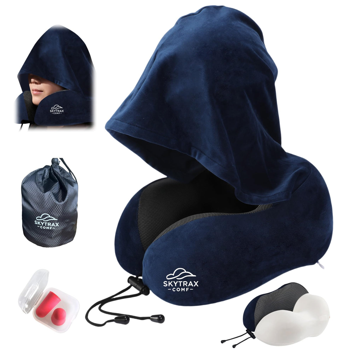 Skytrax Comf travel pillow with hood offers privacy during flights