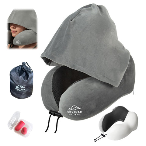 Skytrax Comf travel pillow with hood privacy feature for restful flight.