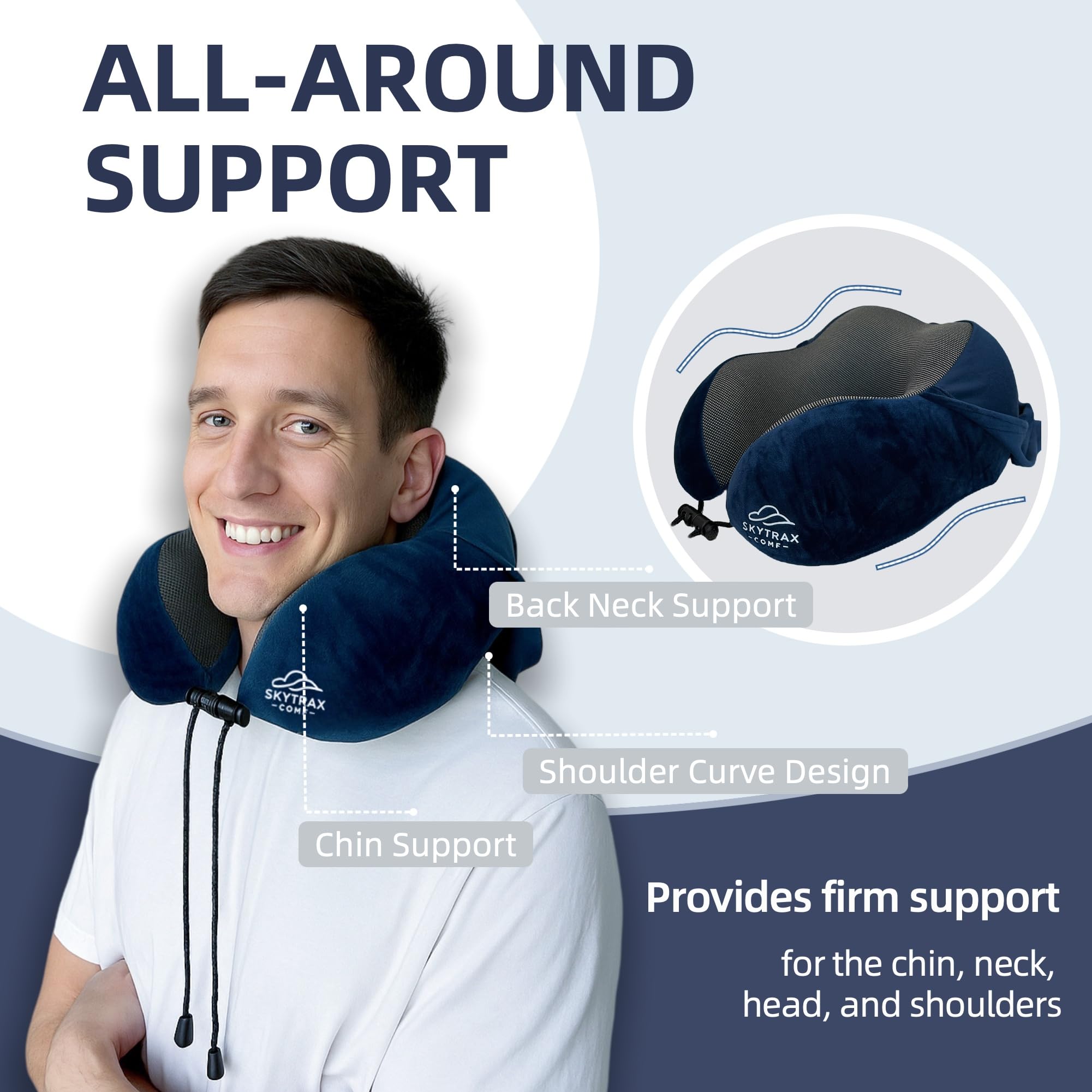 Skytrax Comf memory foam contours to neck and shoulders for comfort