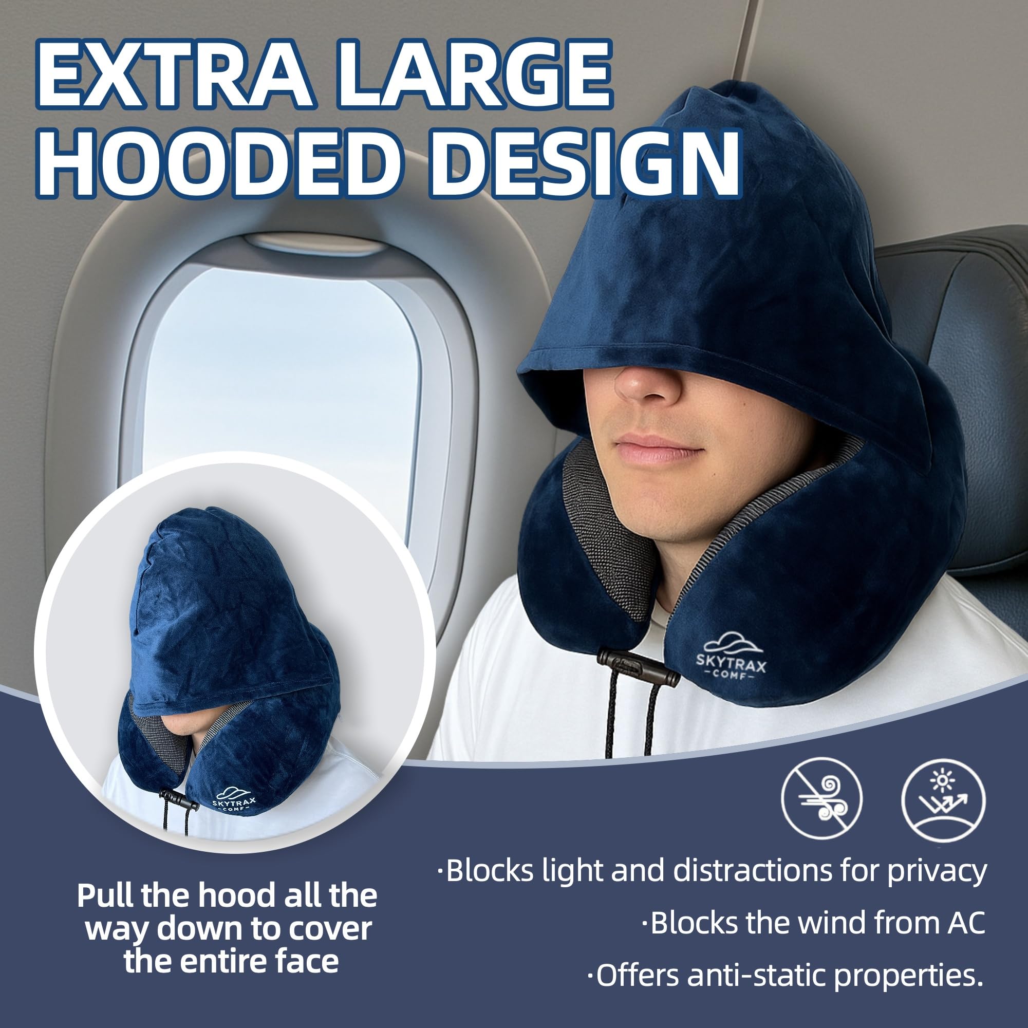 Skytrax Comf pillow with removable velvet cover stays clean between trips
