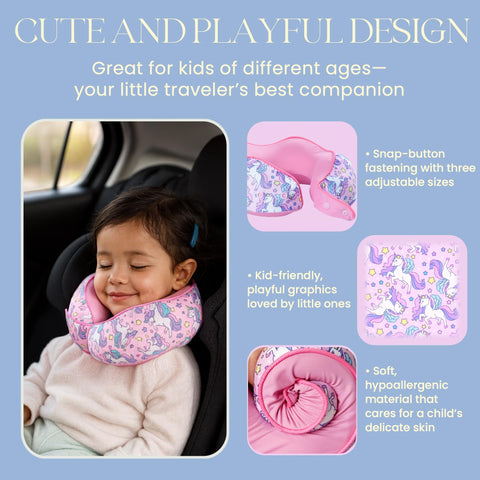 Skytrax Comf unicorn neck pillow on a plane demonstrates kid-friendly travel.