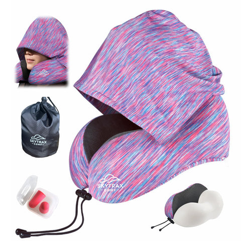 Skytrax Comf hooded travel pillow close-up highlights memory foam neck support