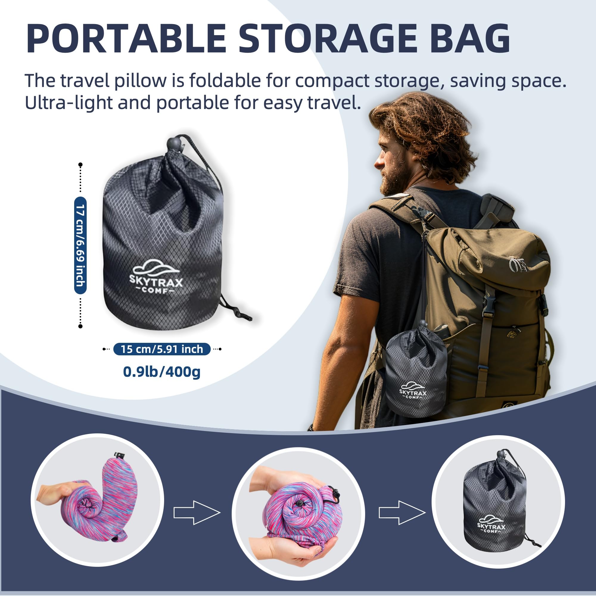 Skytrax Comf packable hooded pillow shown in compact travel setup