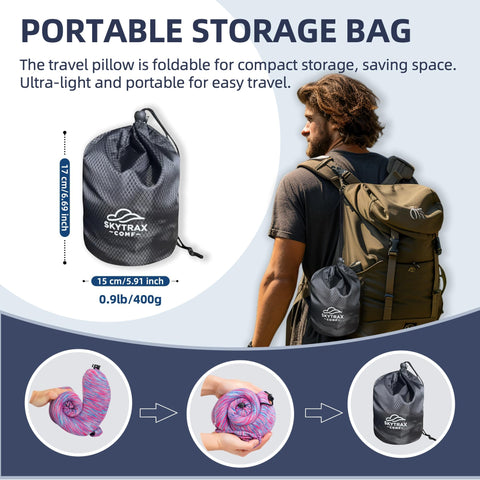 Skytrax Comf packable hooded pillow shown in compact travel setup