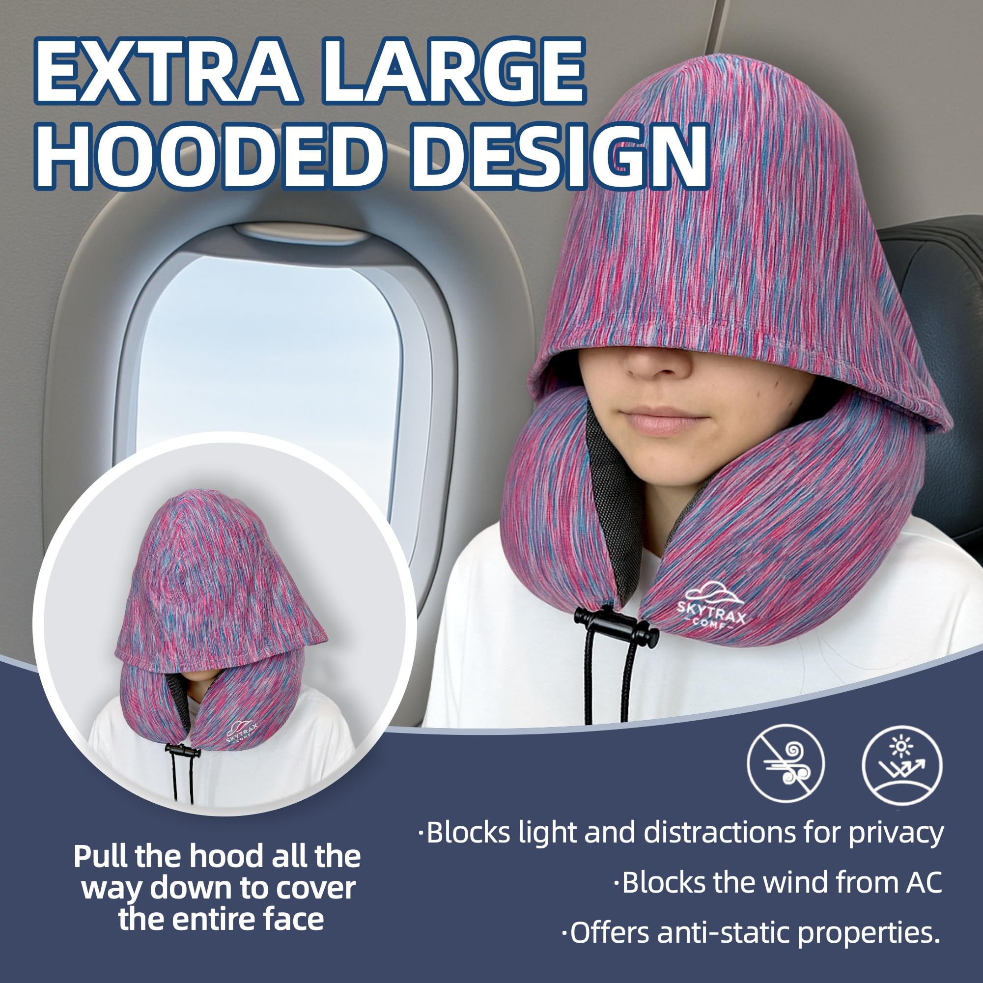 Skytrax Comf pillow worn during travel demonstrates privacy and warmth
