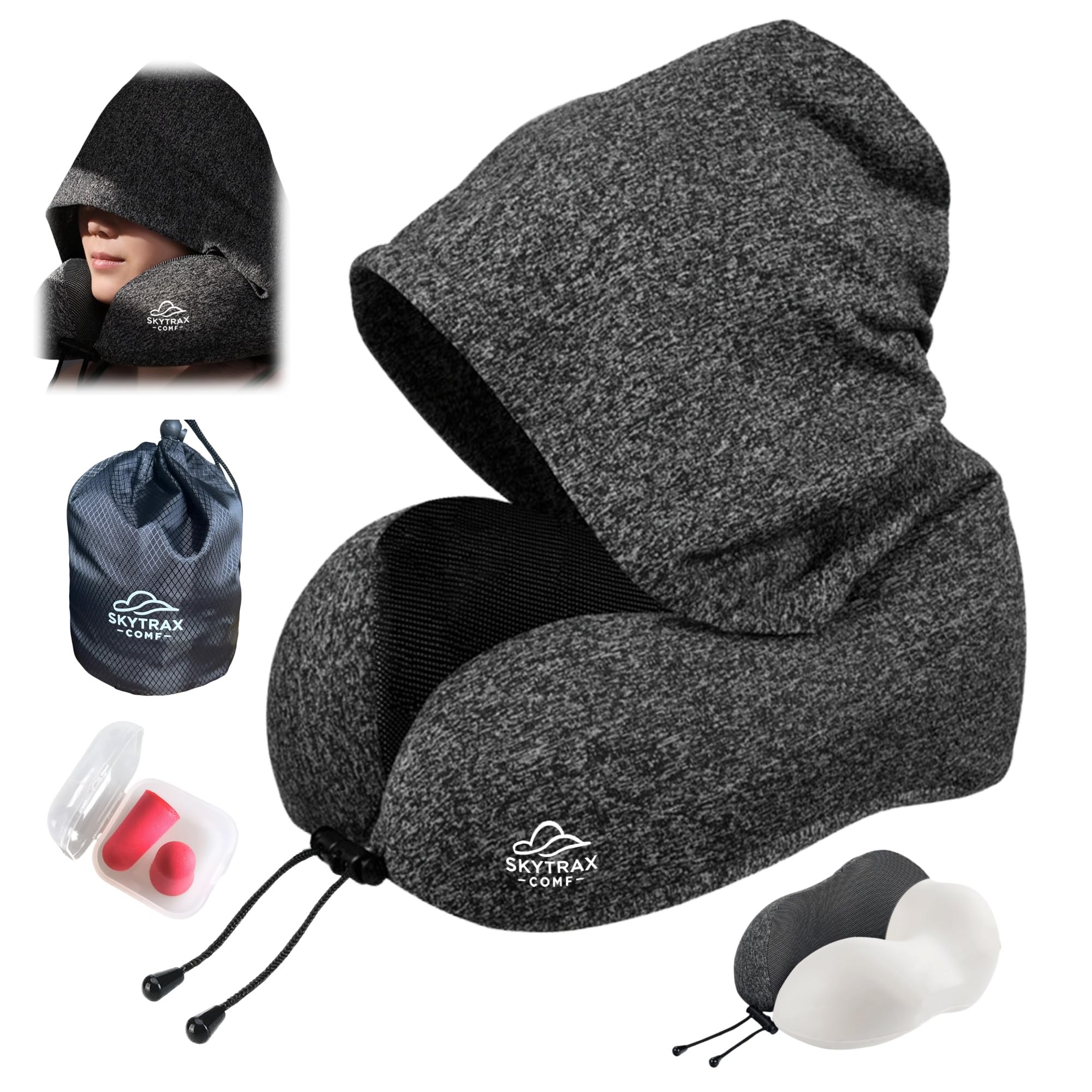 Skytrax Comf travel pillow with oversized hood shielding light on a plane