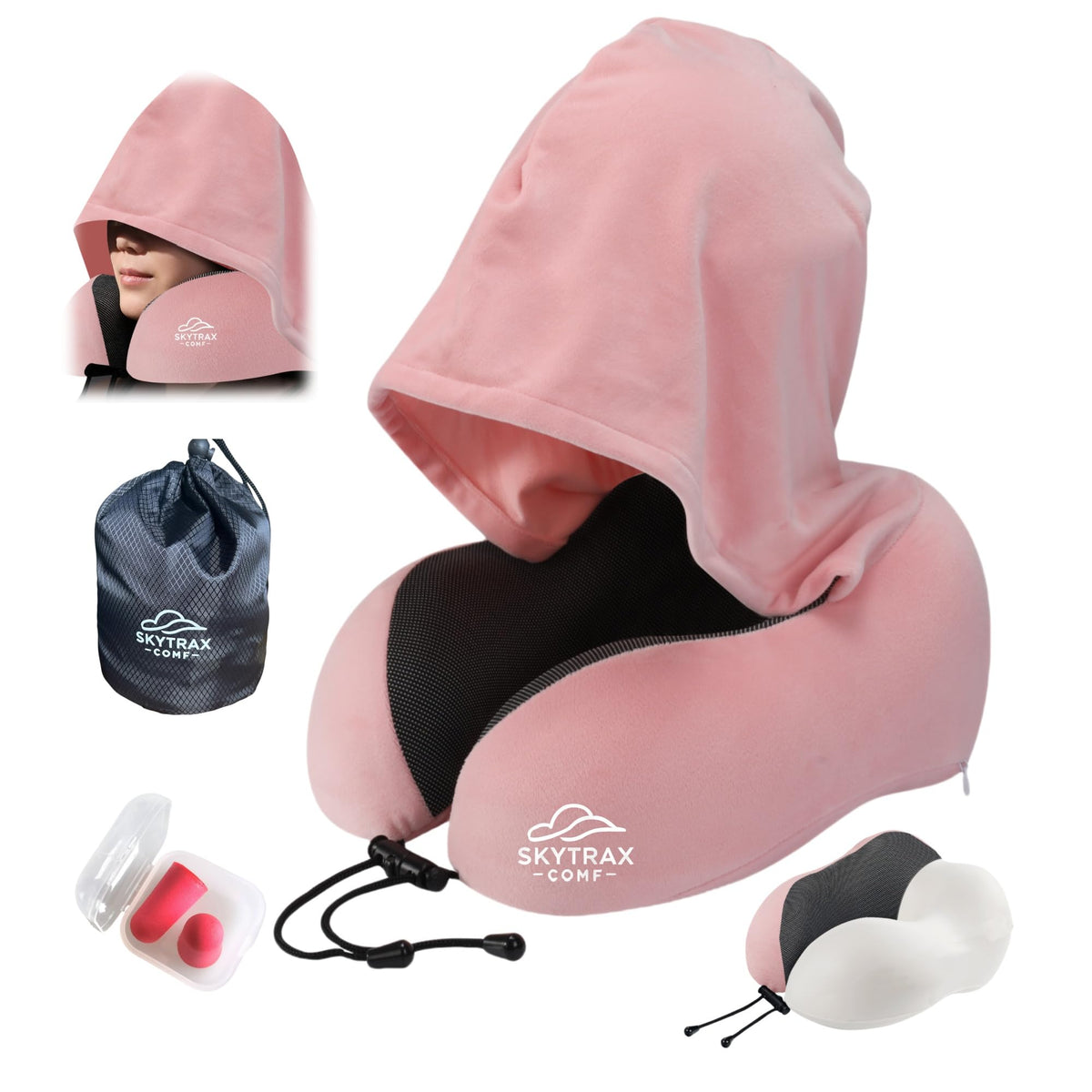 Skytrax Comf travel pillow with oversized hood provides private comfort during flights.
