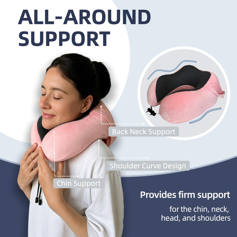 Skytrax Comf travel pillow uses high-density memory foam to conform to neck and shoulders.